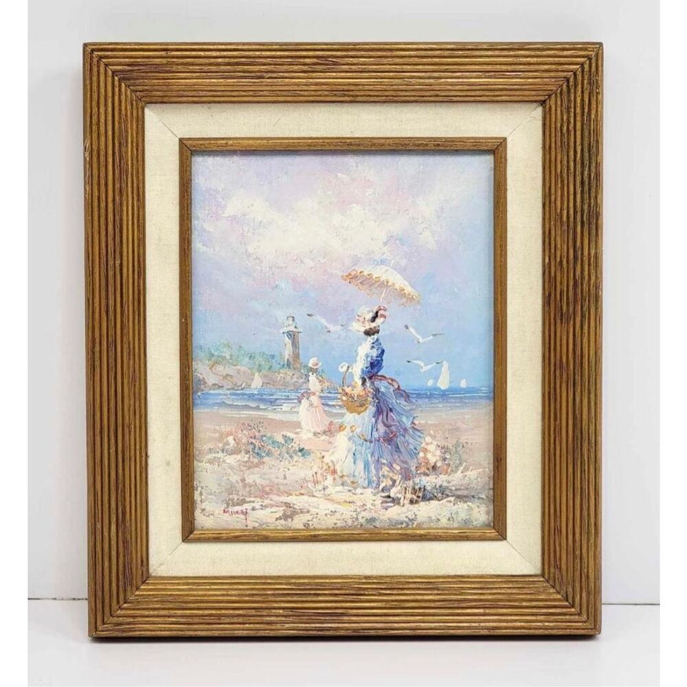 Original Painting Edwardian Beach Scene J. Miller Signed Oil on Canvas Landscape